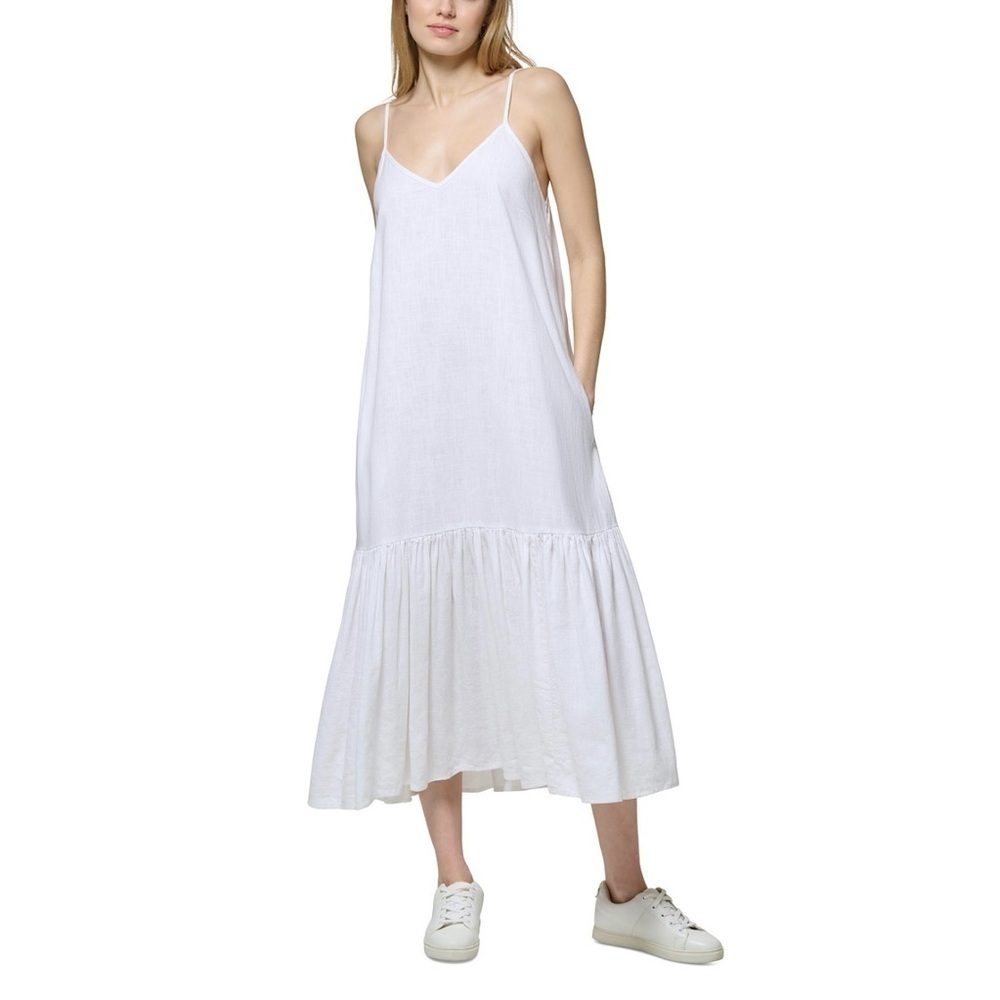 DKNY Jeans 100% Cotton Spaghetti Strap Sleeveless White Maxi Dress Sz XL Pockets